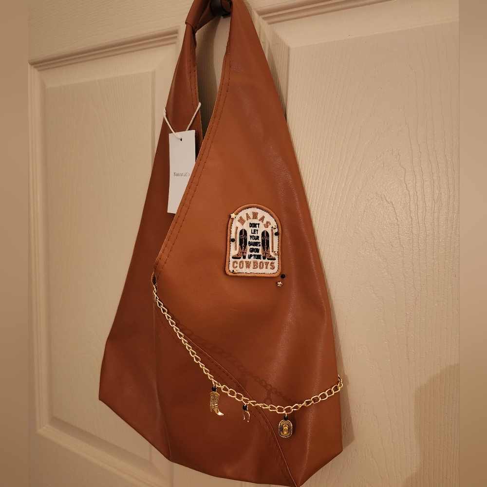 Custom patched & Beaded slouchy brown purse NWT purse chain purse keychain